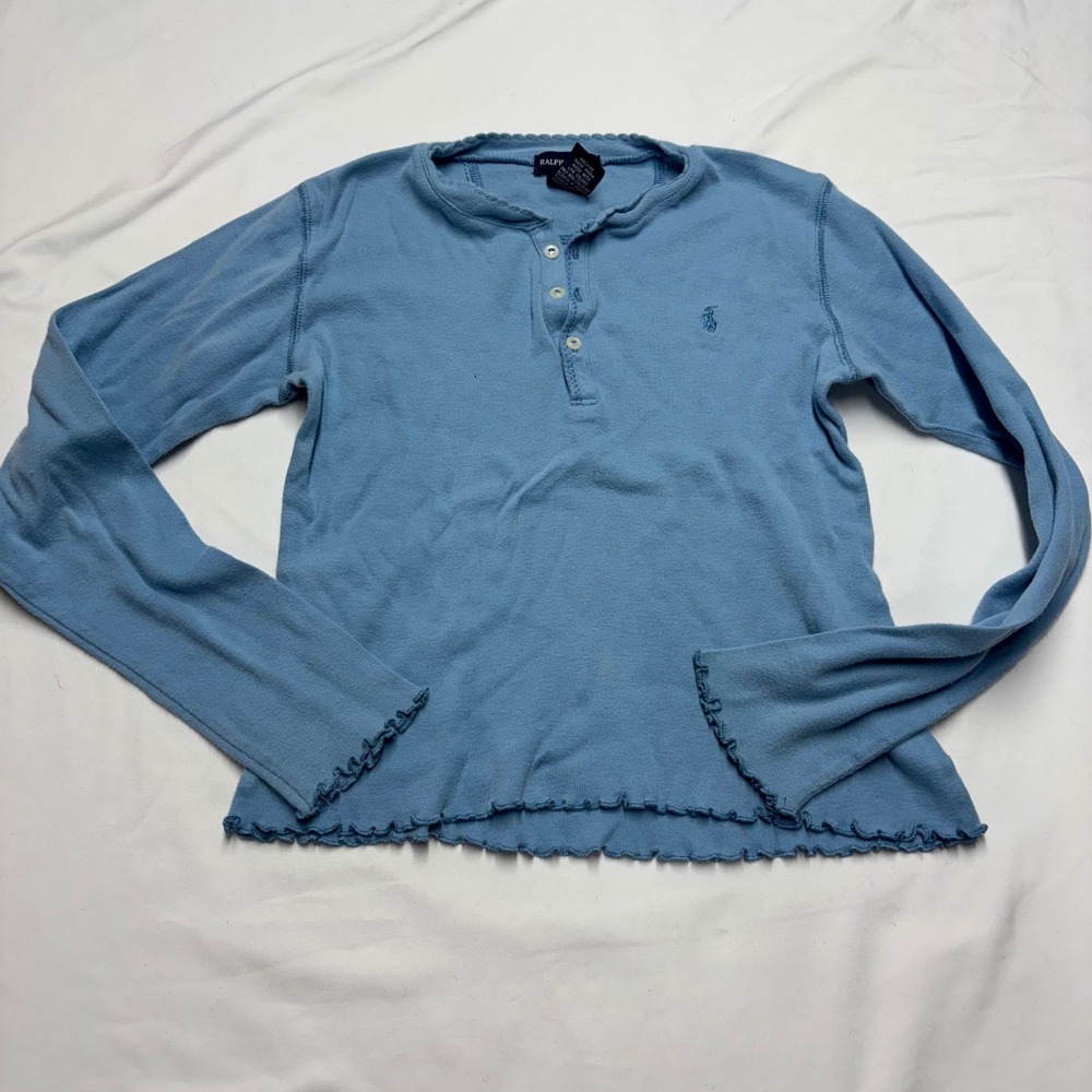 Vtg Ralph Lauren Waffle Knit Henley Long Sleeve Girls Large 12/14 Lettuce Trim